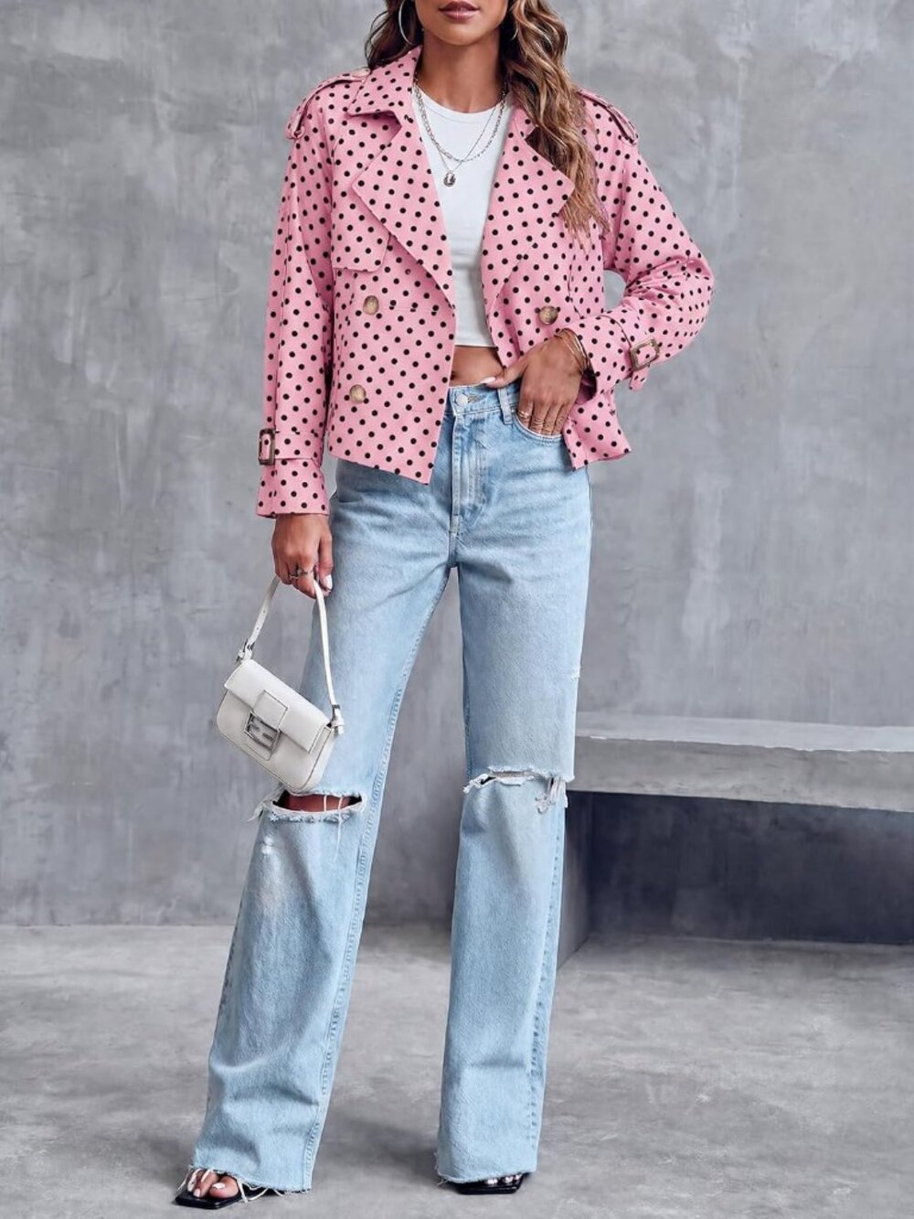 Women's Pink Polka Dots Cropped Raglan Sleeve Lapel Double Breasted Trench Coat - Picture 5 of 5